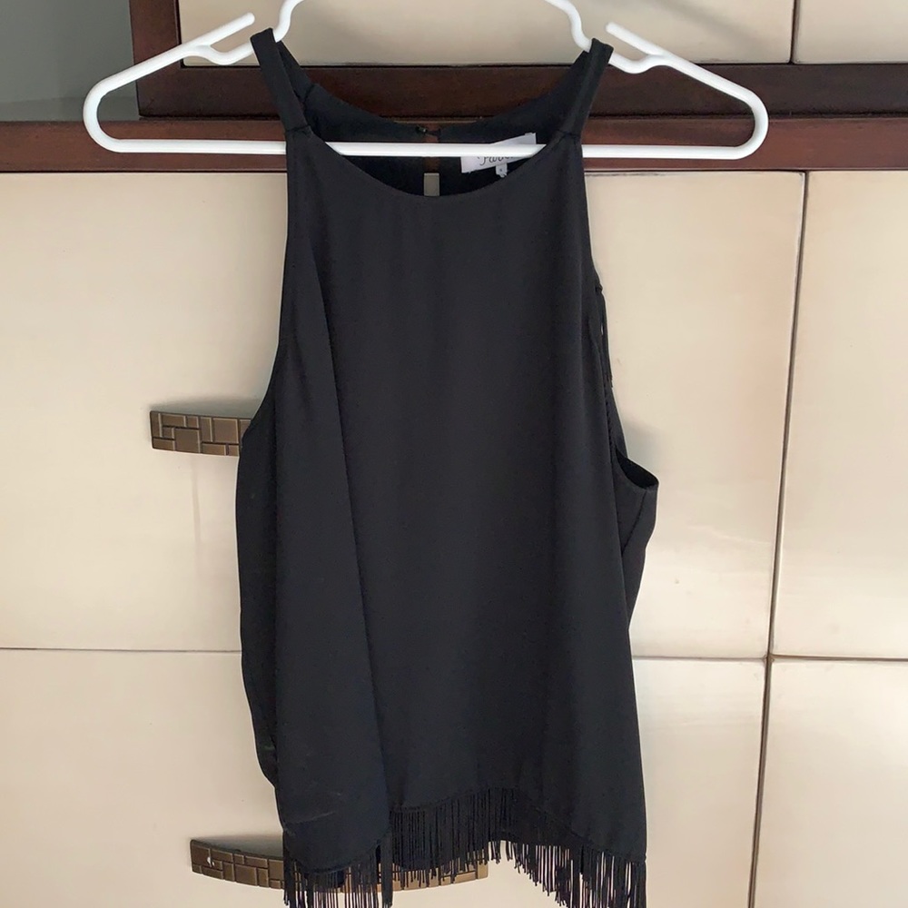 Parker black silk sleeveless blouse with fringe details
